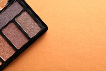 Eyeshadow palette on orange background, top view. Space for text