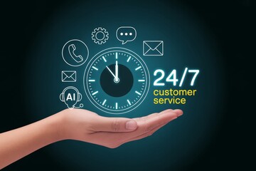 Hand holding clock and customer service icons representing round-the-clock support and rapid response to inquiries