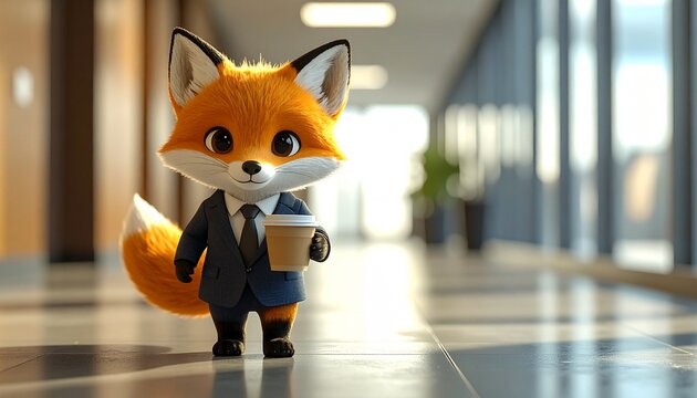 A cartoon fox in a business suit holding a coffee cup walking down a modern office hallway with a blurred background.