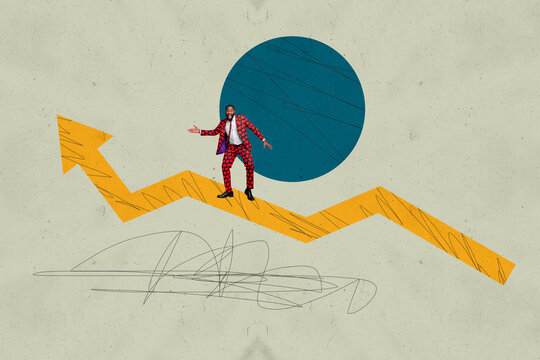 Collage with person observing rising arrow symbolizing startup growth business income statistics trading decrease increase - Powered by Adobe