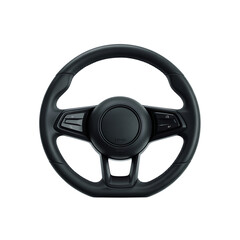 Black leather car steering wheel with integrated controls