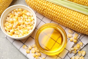 Corn oil in glass bowl, kernels and cobs on grey table, above view
