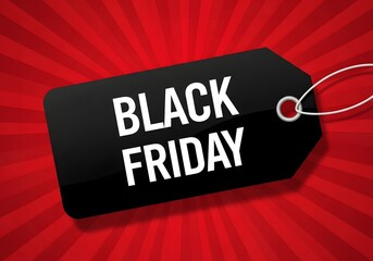 Bold black friday sale tag with white text on a vibrant red sunburst background