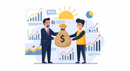 Two men holding a money bag with financial charts and a sun in the background