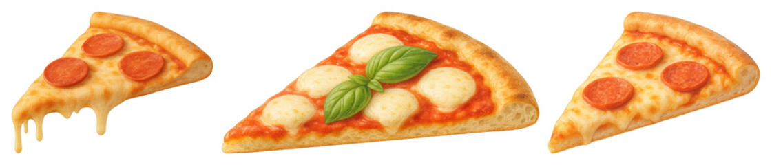 PNG Delicious cheesy pizza slices, element set on transparent background