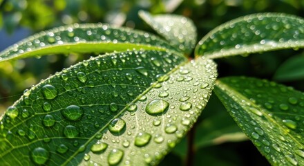 Close up macro shot of fresh green leaves covered in sparkling dew drops reflecting sunlight