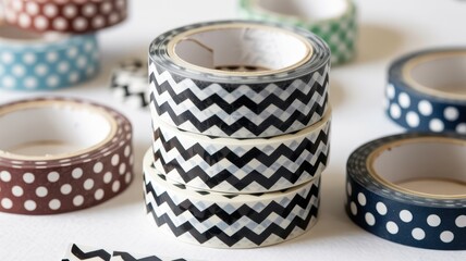 A stack of decorative washi tape rolls with chevron pattern, surrounded by other colorful patterned tapes isolated on white background