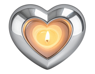 polished silver heart reflecting warm flickering candlelight, subtle golden glow