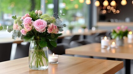 Delicate white flowers in glass vases are positioned on a wooden table, illuminated by warm candlelight in a cozy atmosphere