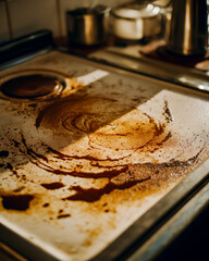Greasy stovetop with brown splashes; stovetop surface shows sticky rings, stovetop covered in oil marks and burnt residue, inviting cleaning routine and hygiene focus for home care vibe