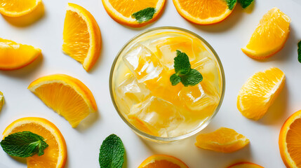 Refreshing citrus drink with orange slices and ice cubes in clear glass, garnished with fresh mint, surrounded by vibrant orange slices and mint leaves, bright and cool summer flat lay