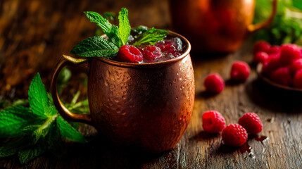 Refreshing raspberry mule with mint leaves and ice served in copper mug, raspberry mule decorated with fresh raspberries on rustic wooden table, cozy cocktail evening refreshment concept