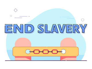 Stylized Illustration of a Pillory with Chains and the Words End Slavery in Blue Letters