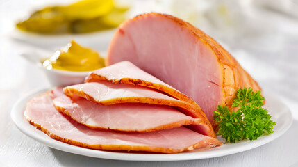 Slices of honey ham with golden edges arranged on plate, ham served with mustard and parsley garnish looks fresh and festive, close up of holiday food and homemade dining presentation