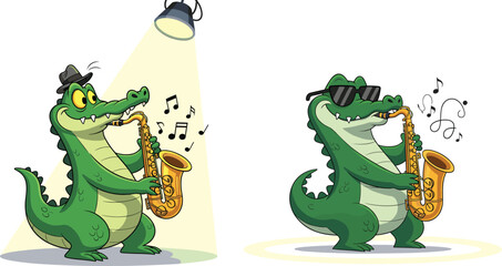 Cool crocodile playing saxophone, cartoon alligator musician performing jazz music, funny animal character illustration, creative design, entertaining concept, musical reptile artwork © SHAHARIAR