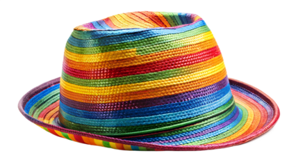 Colorful rainbow fedora hat isolated on transparent background, a vibrant and stylish accessory perfect for adding a touch of fun to any outfit or occasion