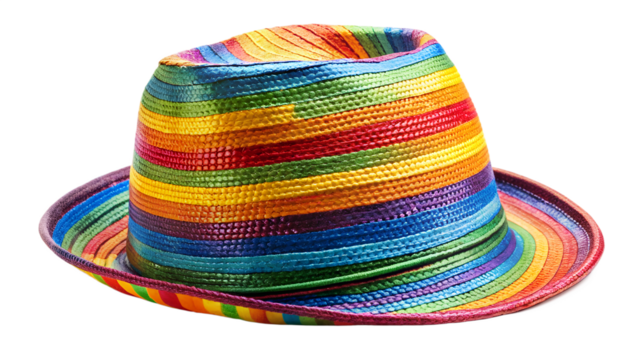 Colorful rainbow fedora hat isolated on transparent background, a vibrant and stylish accessory perfect for adding a touch of fun to any outfit or occasion