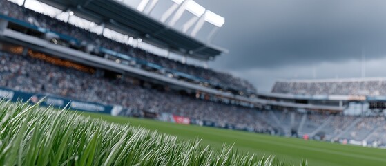Enthusiastic spectators fill the stands as dark clouds loom overhead, setting the stage for an exciting athletic competition