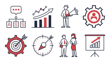 Business management icon set with teamwork, leadership, goals, finance, planning, and project strategy in flat vector style,Business management icon set with teamwork, leadership, goals, finance, plan