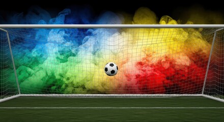 A soccer ball flies towards the goal with a colorful explosion of smoke behind it