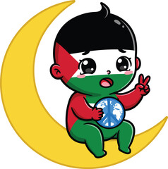 Cute baby with peace symbol sitting on crescent moon, Palestinian flag face paint, hope, freedom, love, Middle East illustration
