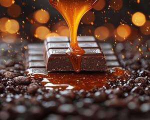 Caramel pouring over a chocolate bar on a bed of cocoa beans