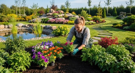 Woman Working in a Lush Garden Planting Colorful Flowers Near a Pond