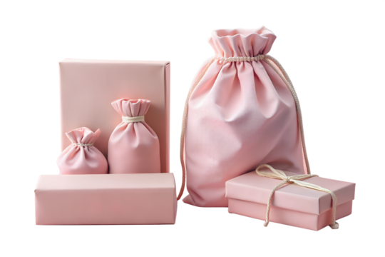 Pink gift boxes and pouches isolated on white background