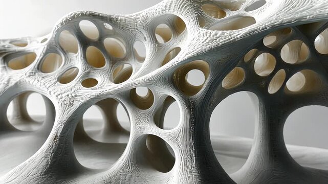 Close-up, static shot: A 3D-printed architectural model with intricate organic forms and a porous structure.