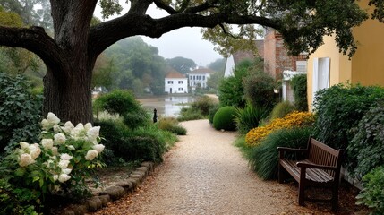 A tranquil setting features a white house beside a lake, surrounded by an orange tree and blooming flowers during a rainy autumn day