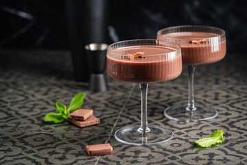 Chocolate Truffle Martini glass or espresso Martini Cocktail based on coffee, liqueur and vodka. Alcoholic drink. Space for text. High quality photo