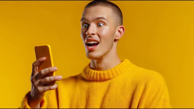 Young man in vibrant yellow sweater expresses surprise and excitement while looking at smartphone against matching yellow background, showcasing dynamic emotions and modern technology interaction