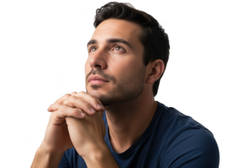 Man in thought with hands clasped isolated on transparent background