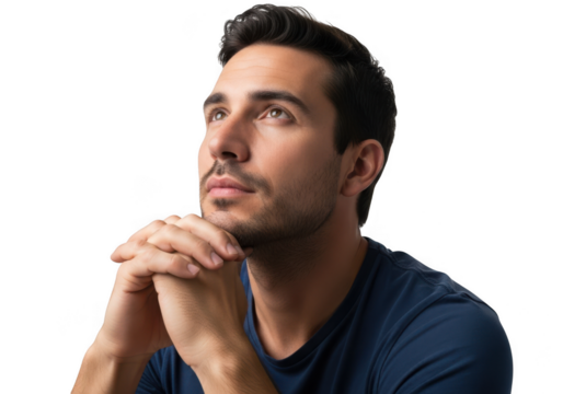 Man in thought with hands clasped isolated on transparent background