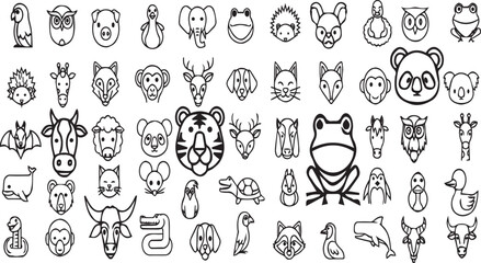 Obraz premium Minimalist Animal Face Icons – Cartoon Zoo, Jungle, Safari and Wildlife Outline Vector