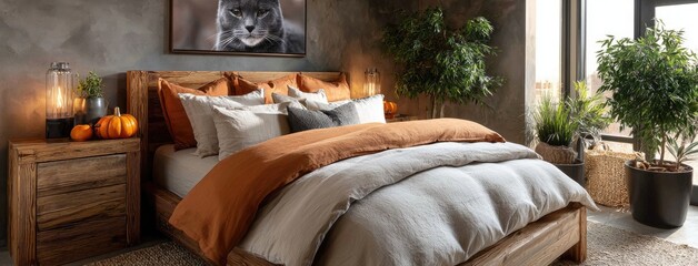Charming bedroom displays Halloween accents with pumpkins, a wooden headboard, and soft lighting, creating a cozy fall atmosphere
