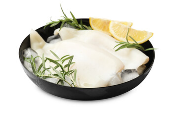 Pieces of raw squids with ice cubes, lemon and rosemary isolated on white