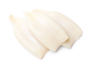 Pieces of raw squids isolated on white, top view