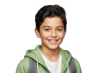 Smiling young boy with backpack isolated on transparent background
