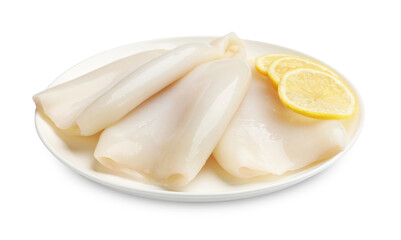 Pieces of raw squids with lemon isolated on white