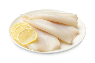 Pieces of raw squids with lemon isolated on white