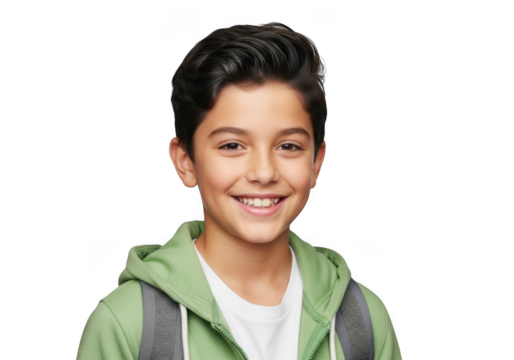 Smiling young boy with backpack isolated on transparent background - Powered by Adobe