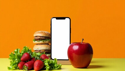 A smartphone with a blank screen, surrounded by stacked burgers, strawberries, lettuce, and an apple, against an orange background.