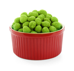Wasabi coated peanuts in bowl isolated on white