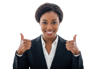 Smiling businesswoman giving two thumbs up isolated on transparent background