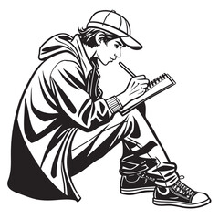 sketching in a notebook, pencil held lightly