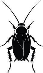 Black silhouette vector illustration of cockroach insect from top view with antennae, legs, and segmented body, isolated on white background