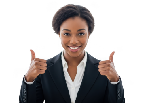 Smiling businesswoman giving two thumbs up isolated on transparent background
