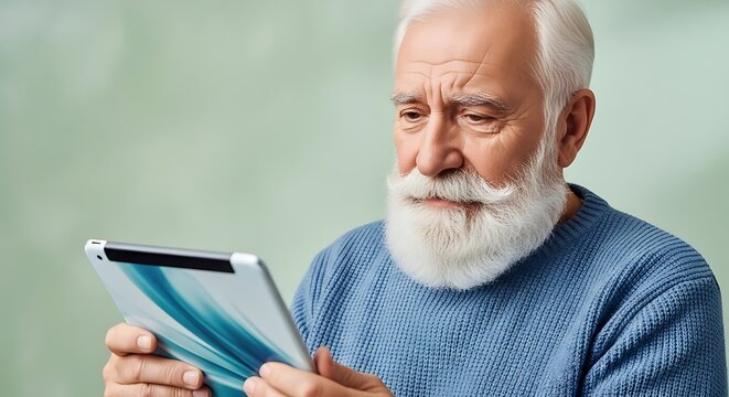 An elderly man with a white beard and blue sweater looking intently at a tablet computer. - Powered by Adobe