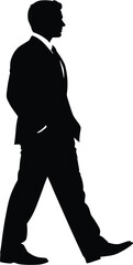 Black silhouette vector illustration of man in formal suit walking with hand in pocket, symbolizing business, professionalism, confidence, style, and elegance